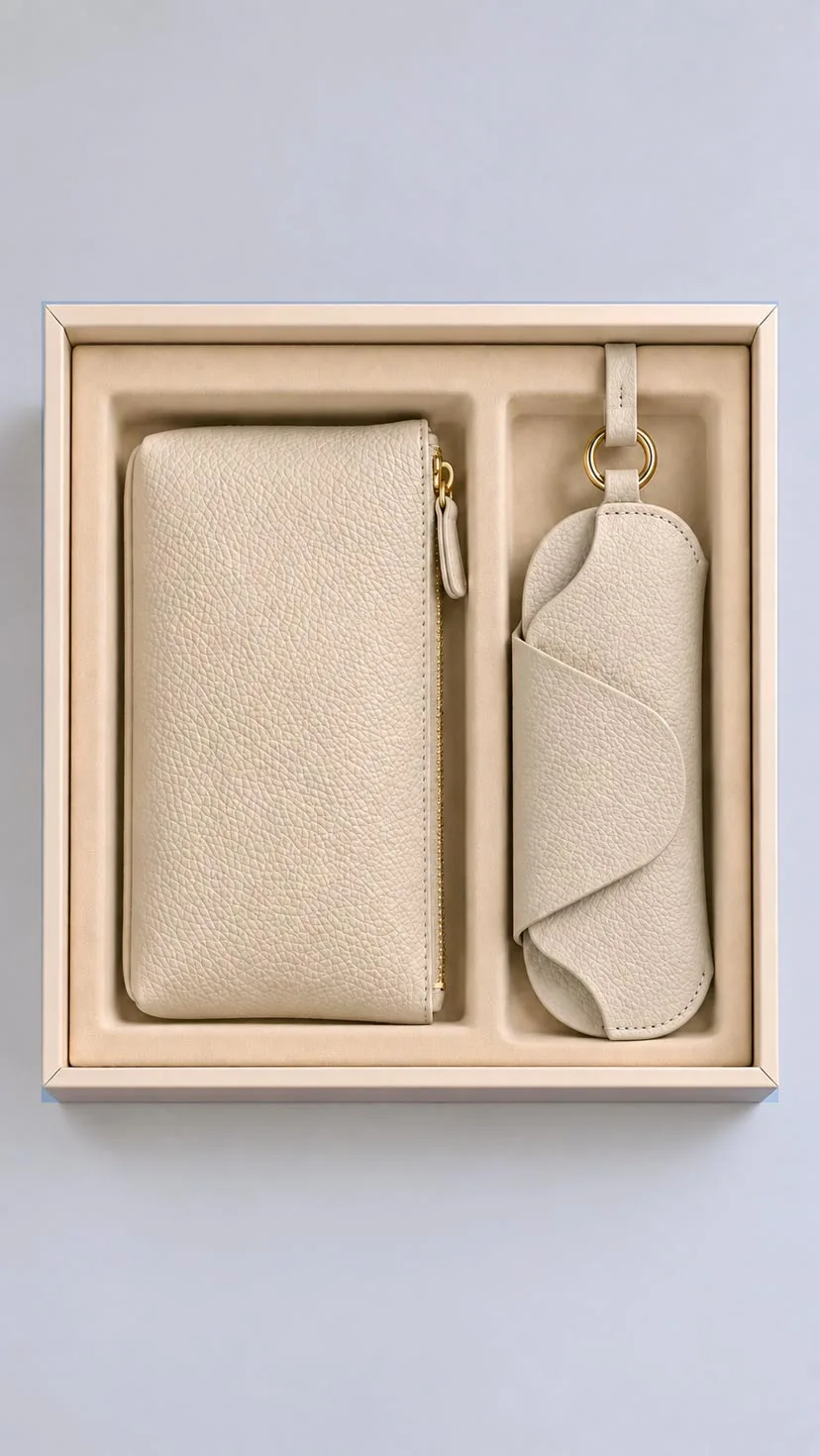 Leather Corporate Gift Set - Leather Cosmetic Pouch and Leather Eyewear Case Ivory image 1