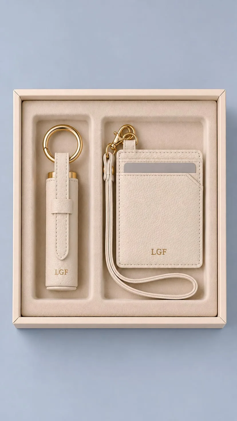Leather Corporate Gift Set - Leather Lipstick Case and Leather Card Case Ivory image 1