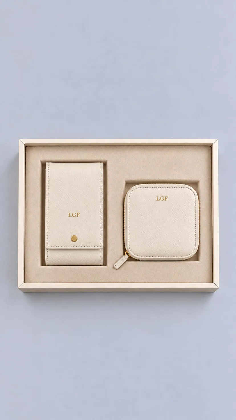 Leather Corporate Gift Set - Leather Lipstick Case and Leather Jewelry Case Ivory image 1