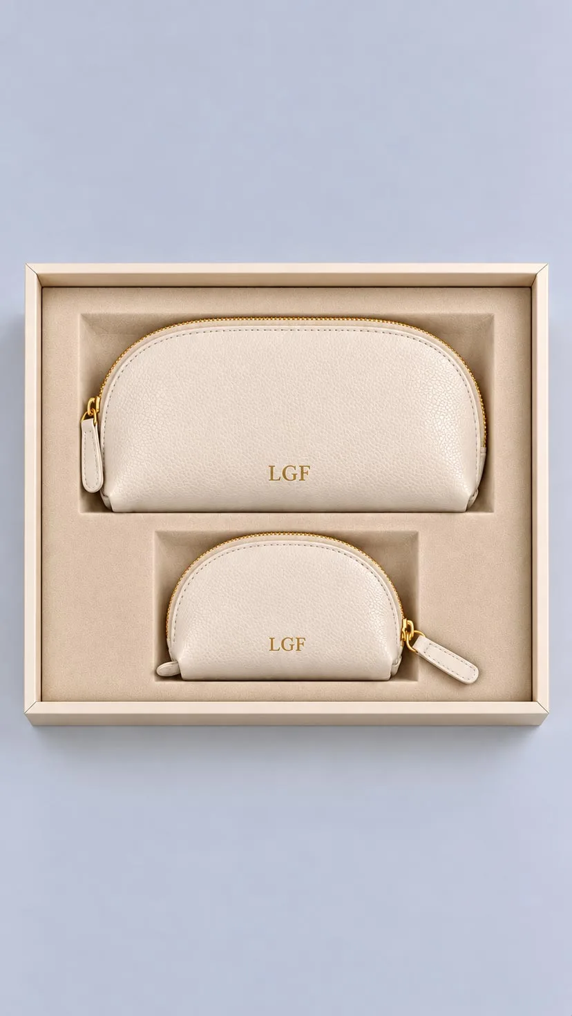 Leather Corporate Gift Set - Leather Cosmetic Bag and Leather Makeup Bag Ivory image 1