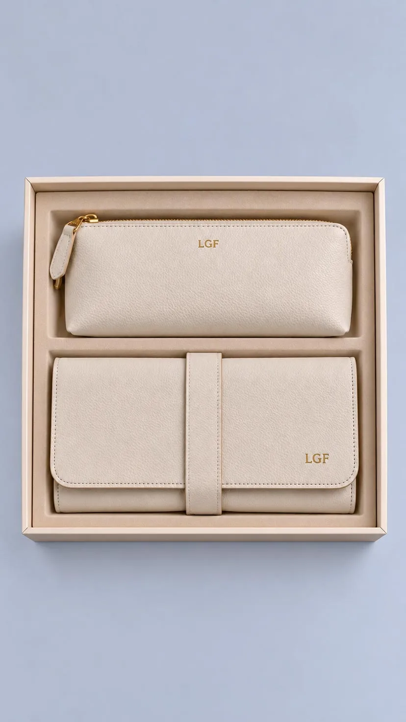 Leather Corporate Gift Set - Leather Cosmetic Bag and Leather Jewelry Case Ivory image 1