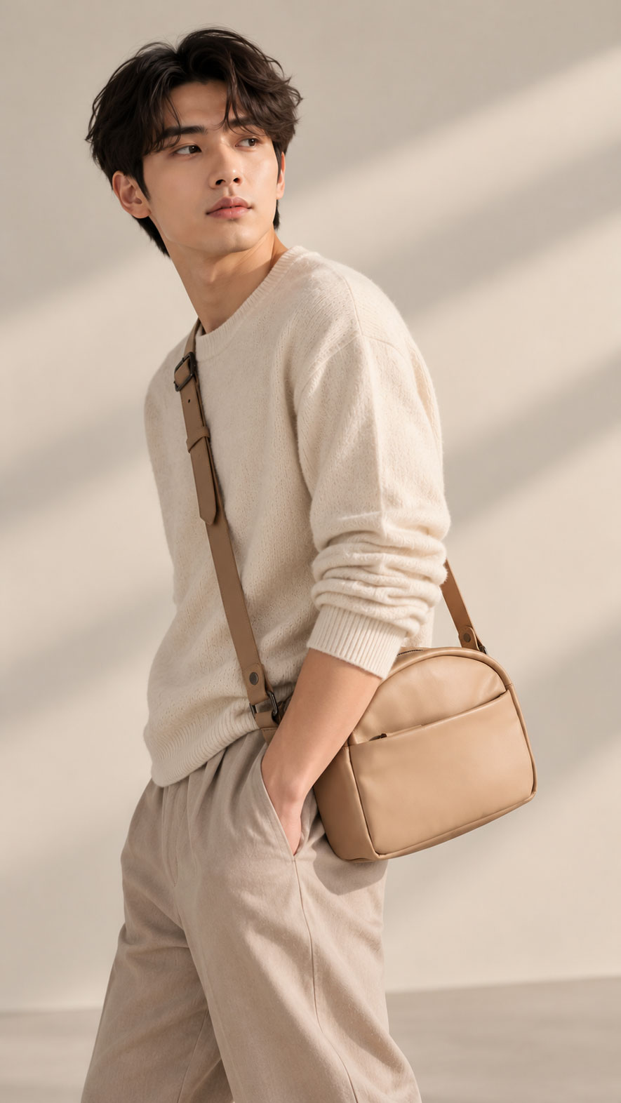 ผู้ชายสะพายกระเป๋ากล้องหนังแท้สี Taupe รุ่น HB1876