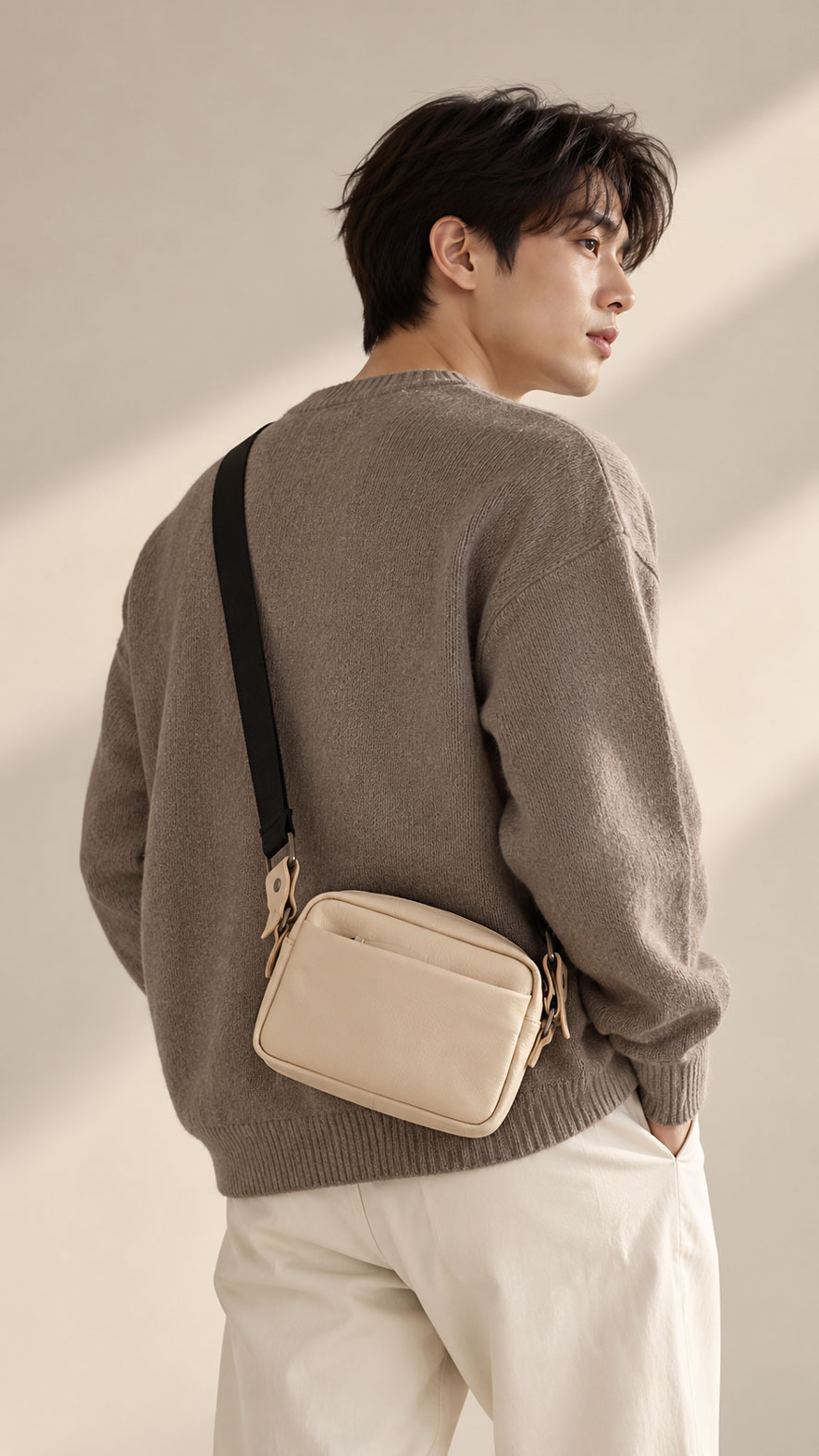 ผู้ชายสะพายกระเป๋ากล้องหนังแท้สี Ivory รุ่น HB1877